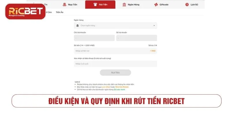 Điều kiện và quy định khi rút tiền RICBET
