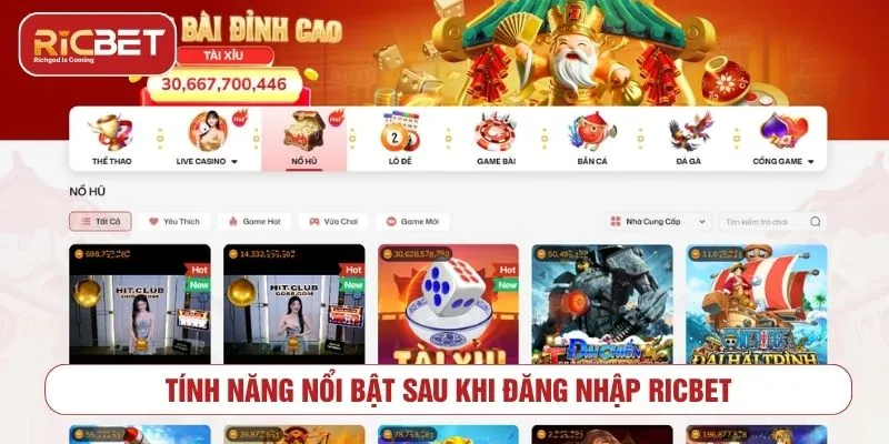 Tính năng nổi bật sau khi đăng nhập RICBET